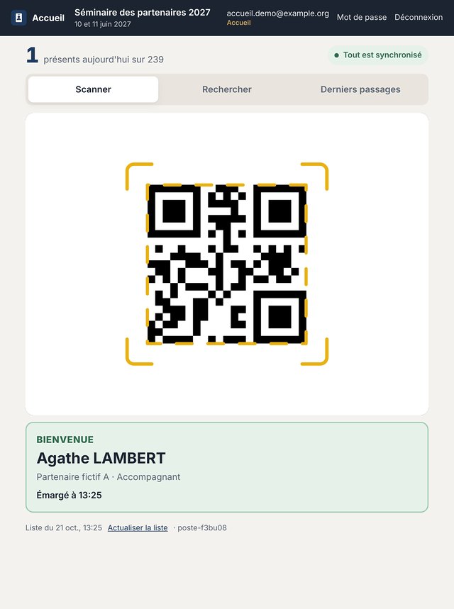 Accueil des participants sur tablette : lecture du badge à l’entrée
