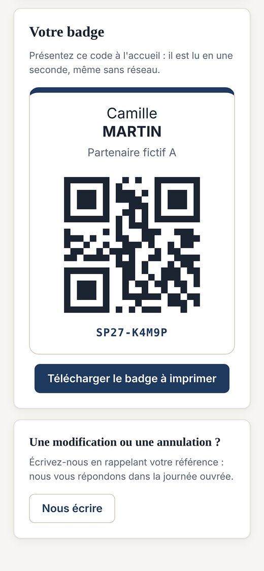 Badge du participant avec son code QR, sur téléphone